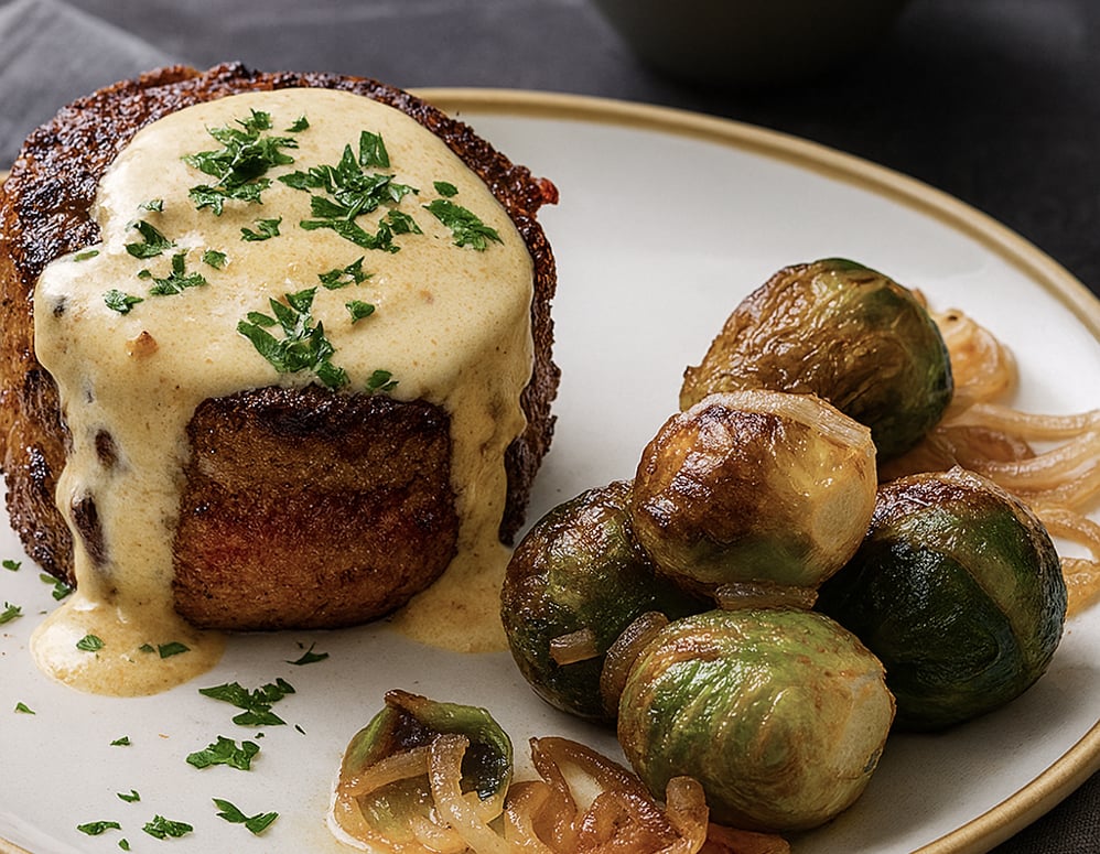 steak au poivre on plate with Brussels sprouts