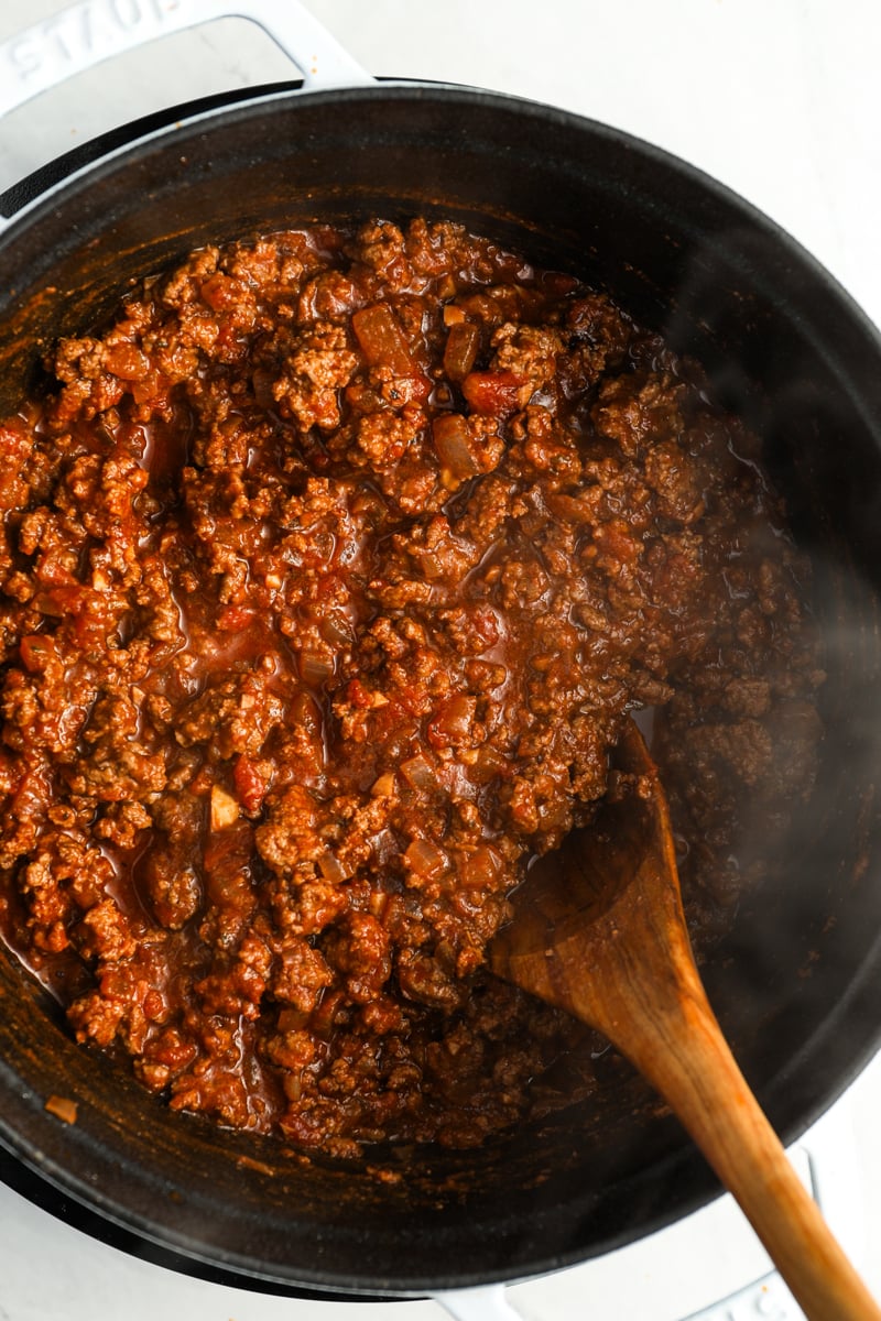 meat sauce for moussaka in Dutch oven