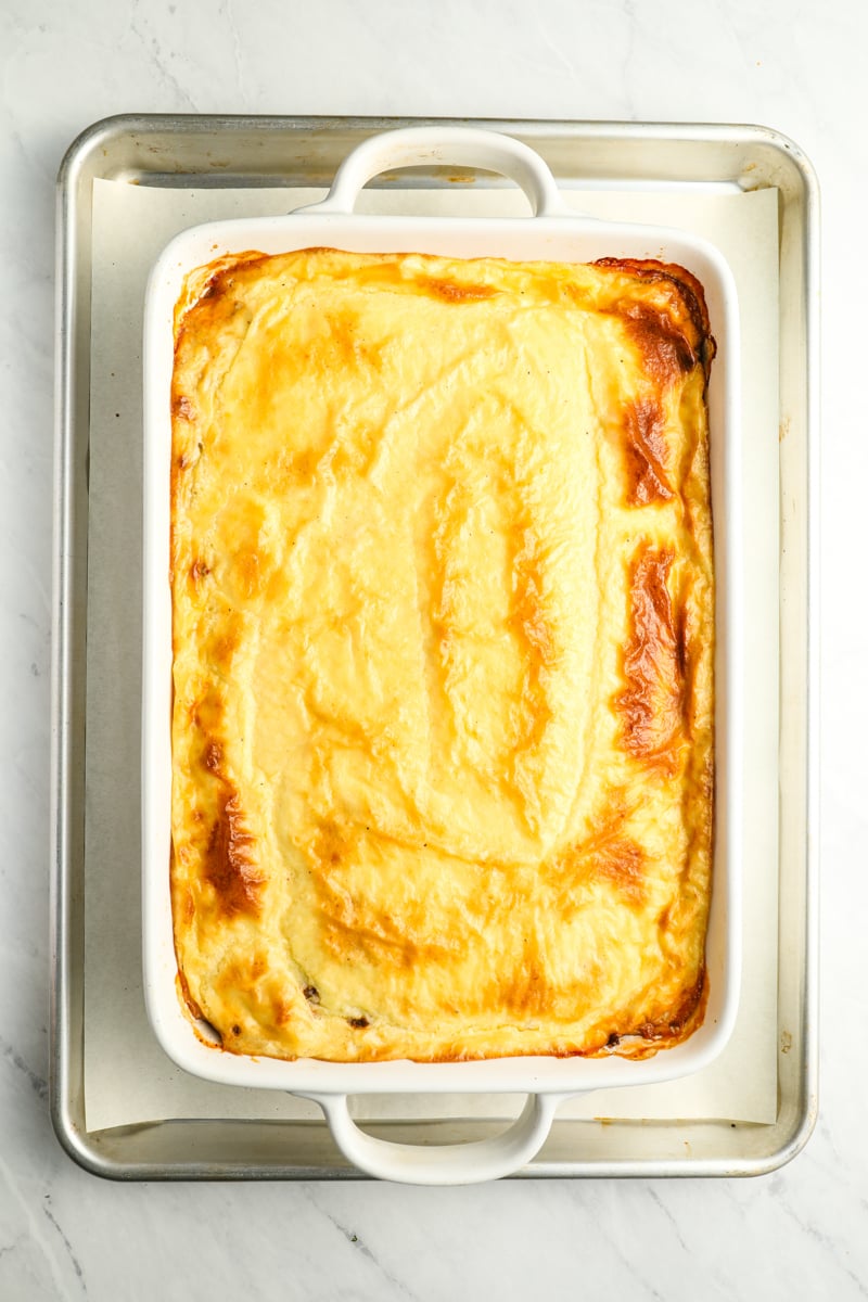 baked moussaka on baking sheet