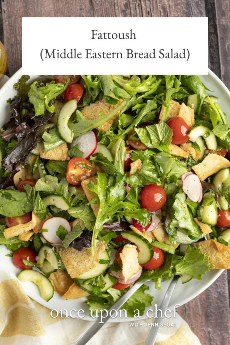 Classic fattoush (Middle Eastern bread salad) features crisp vegetables, tangy dressing, and golden pita chips—a perfect balance of flavors and textures. It’s wonderful as a light meal or paired with grilled meats or seafood.