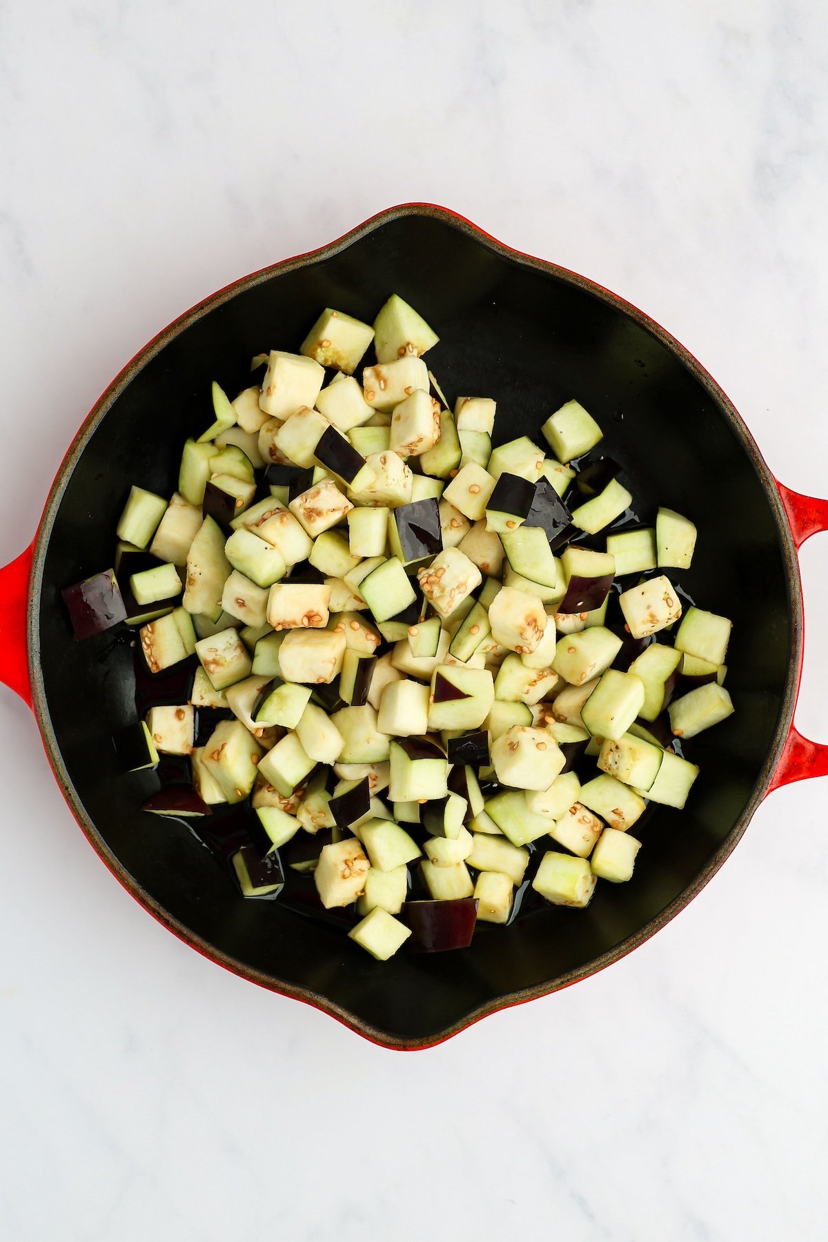 olive oil and diced eggplant in large nonstick skillet