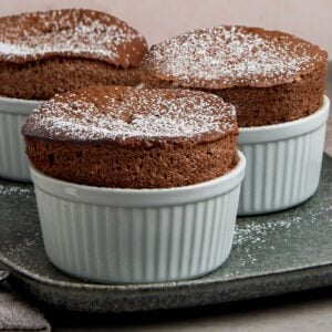 chocolate souffles on serving tray.