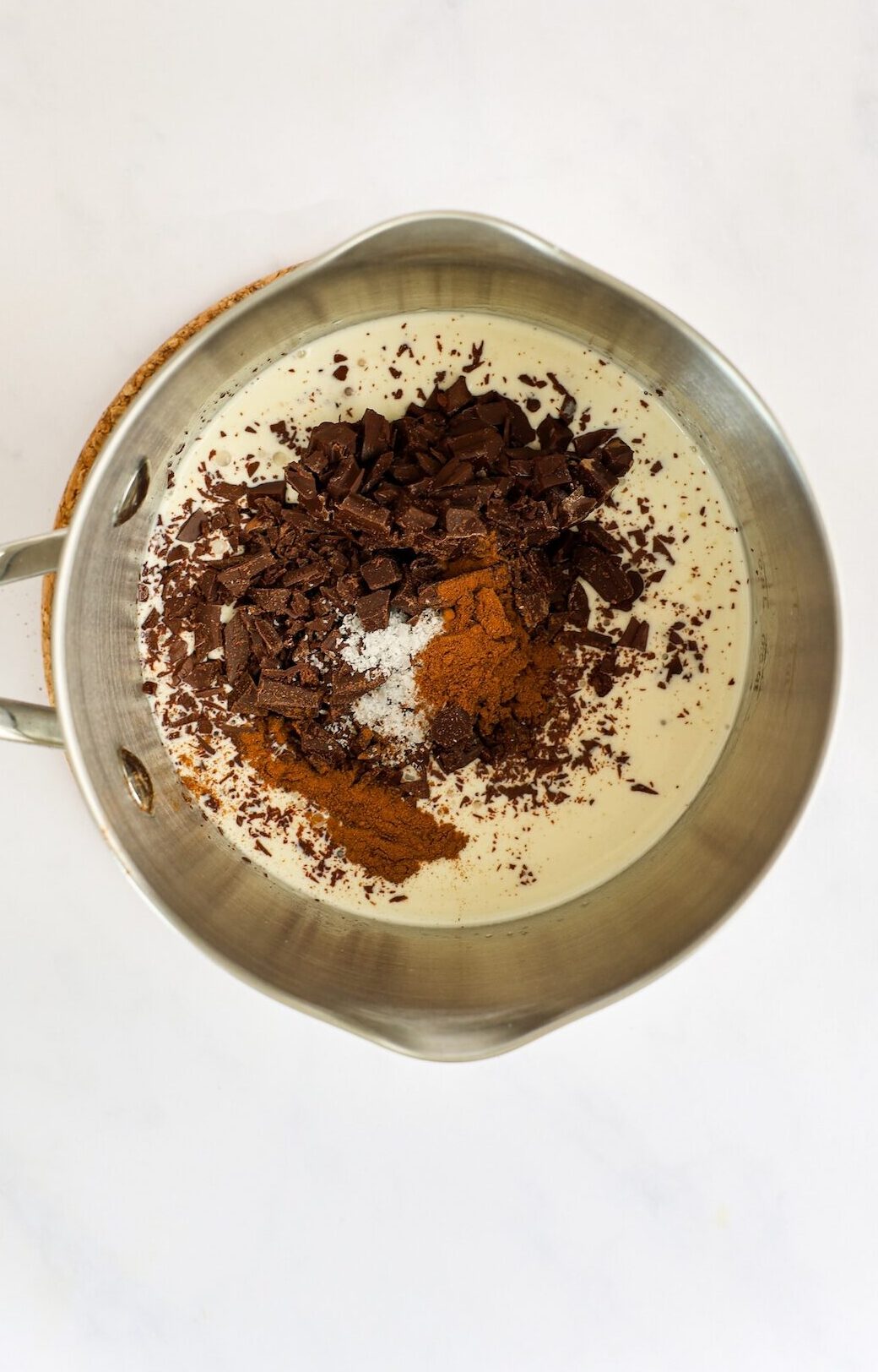 cream, chocolate, cinnamon, and salt in small saucepan