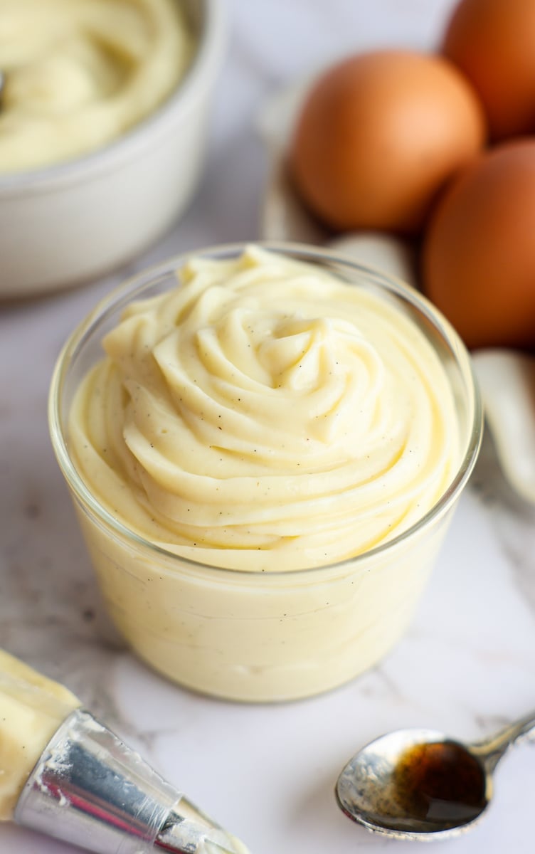 bowl of piped vanilla pastry cream