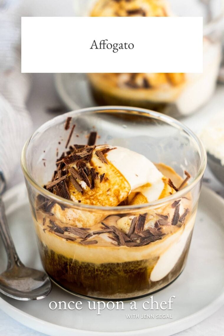 two servings of affogato in clear glasses on white plates