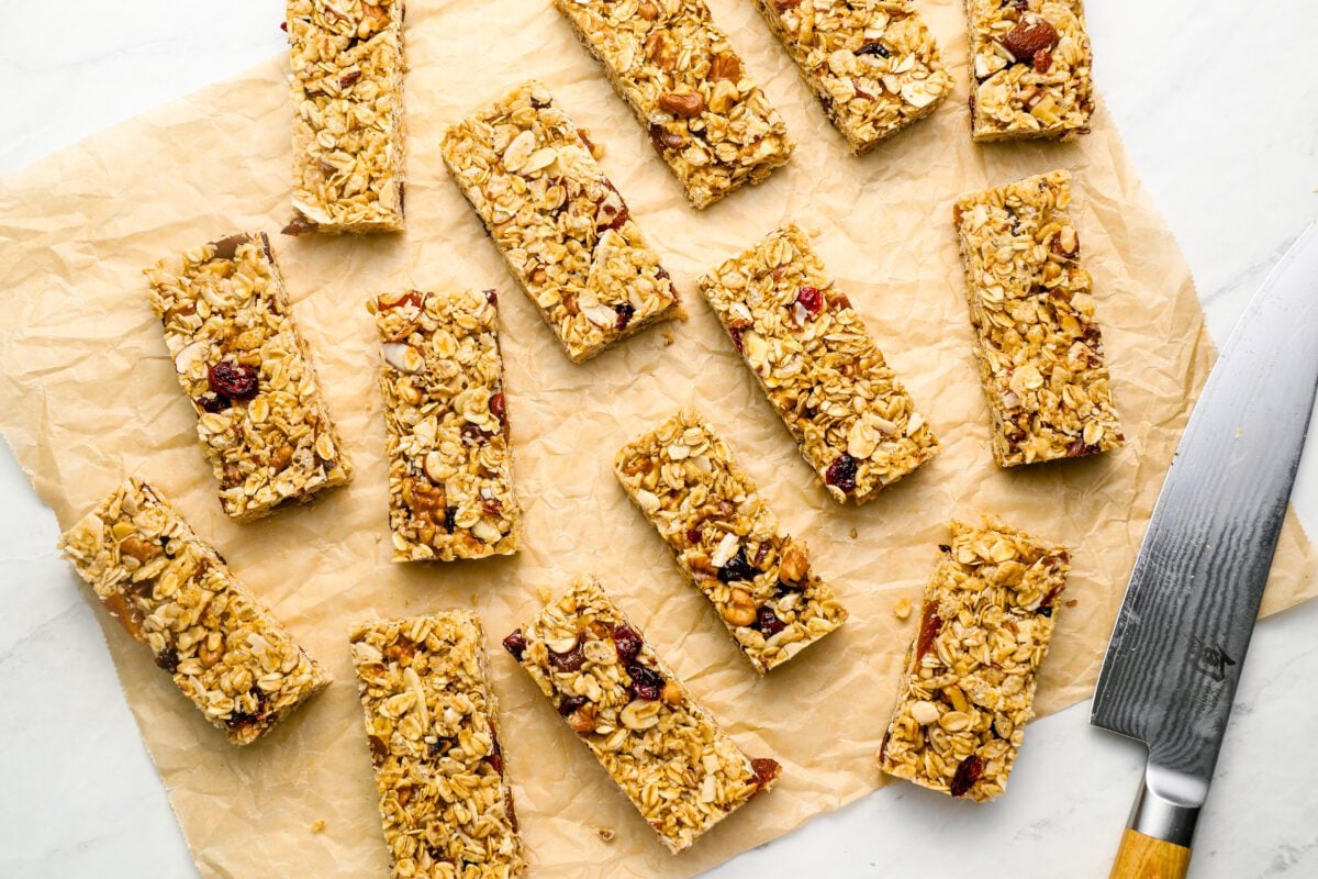 sliced granola bars with knife
