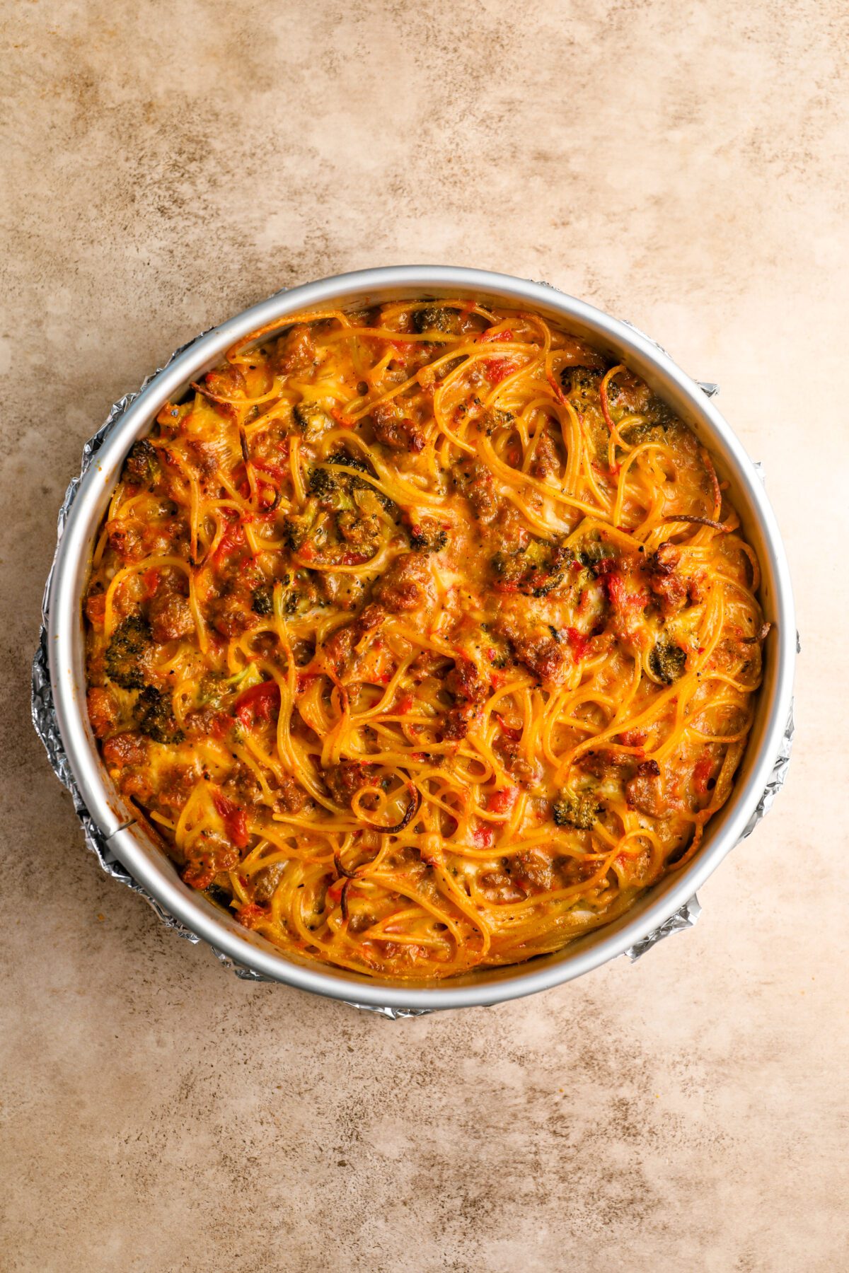 baked spaghetti pie in springform pan
