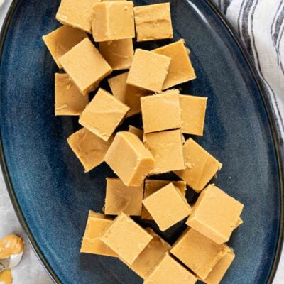 peanut butter fudge squares on blue platter