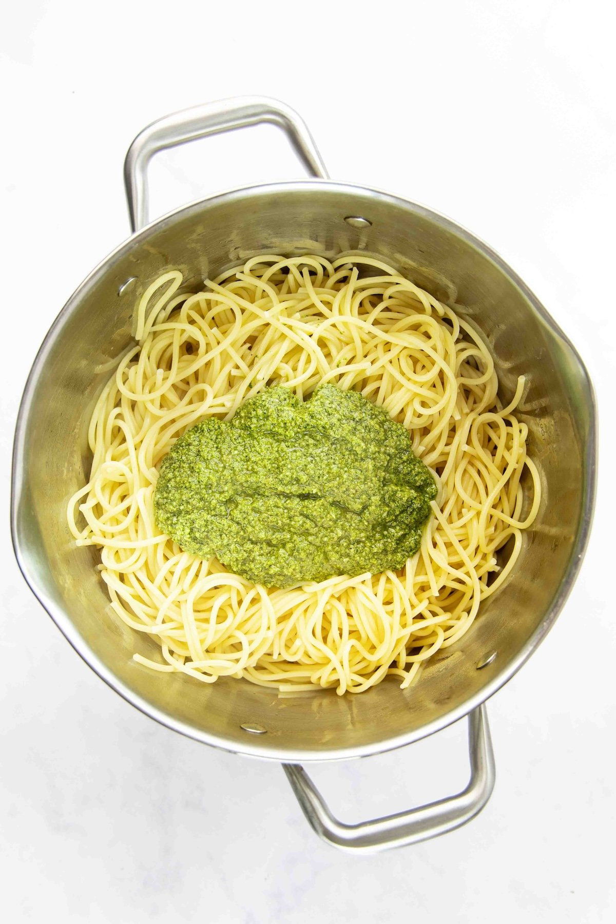 pasta and pesto in pot