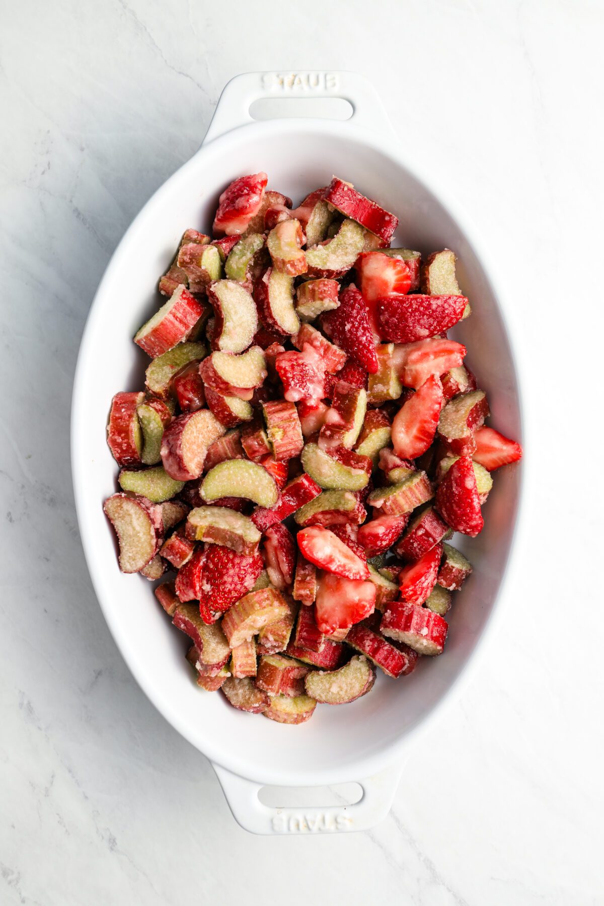 strawberry and rhubarb filling in baking dish