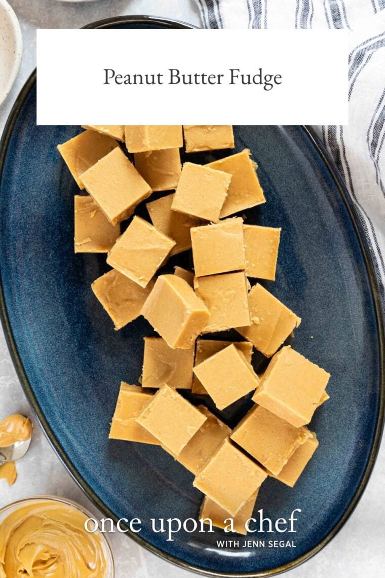 squares of peanut butter fudge on blue oval plate