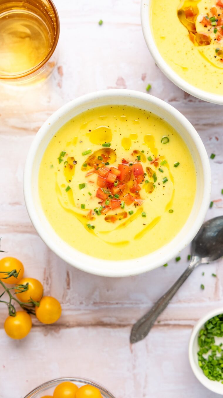 bowls of golden gazpacho