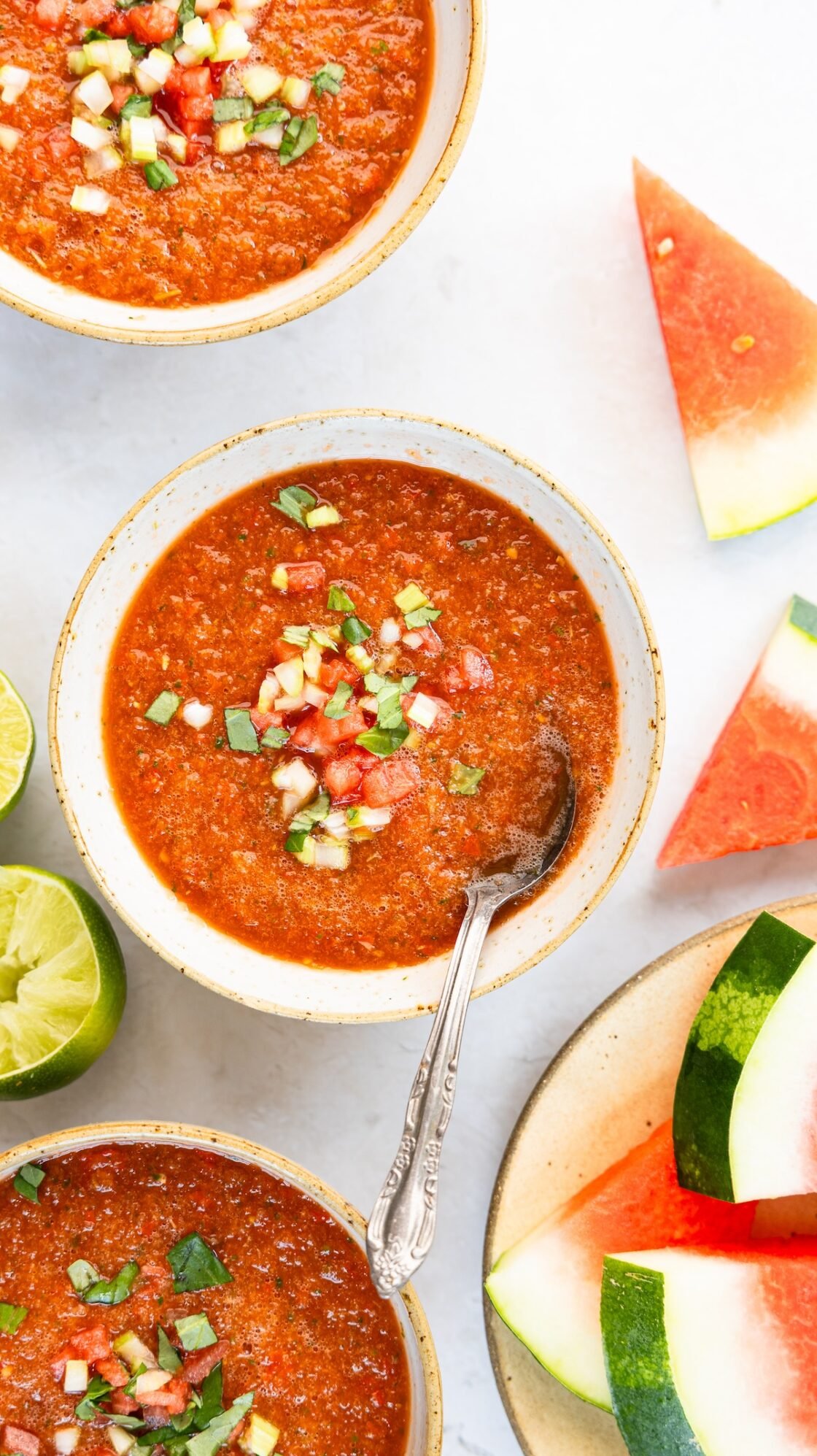 bowls of watermelon gazpacho on table