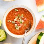 bowls of watermelon gazpacho on table