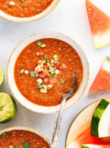 bowls of watermelon gazpacho on table
