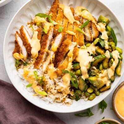 chicken katsu bowl with sriracha mayo on side