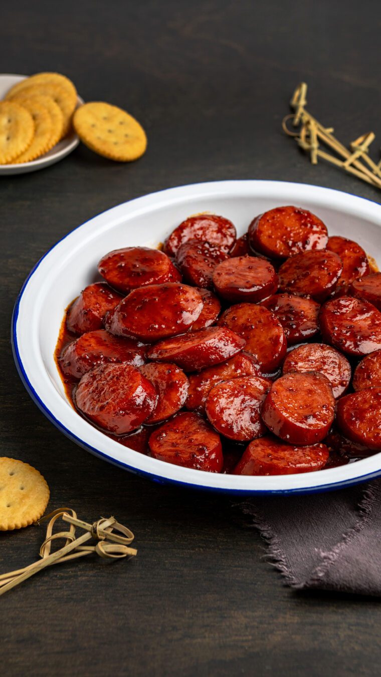 glazed kielbasa bites in white bowl