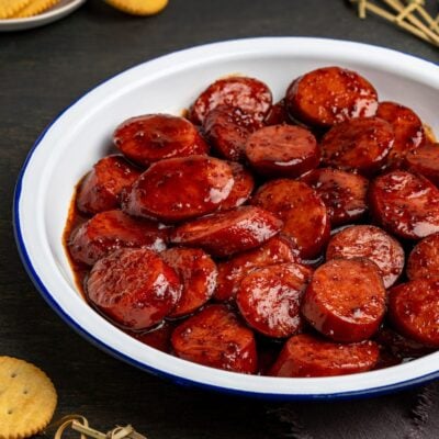 glazed kielbasa bites in white bowl