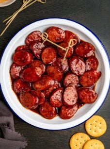glazed kielbasa bites in white bowl