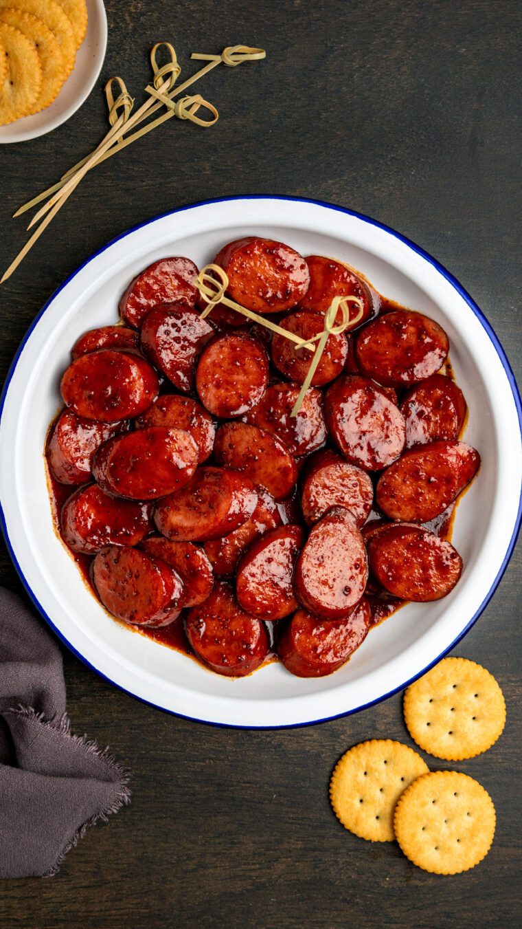 glazed kielbasa bites in white bowl