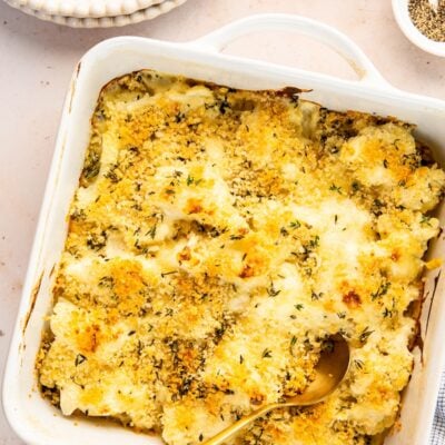 baked cauliflower in square baking dish