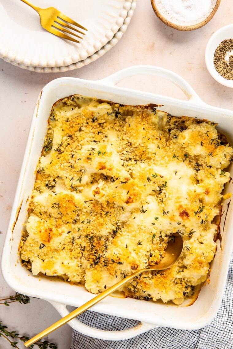 baked cauliflower in square baking dish