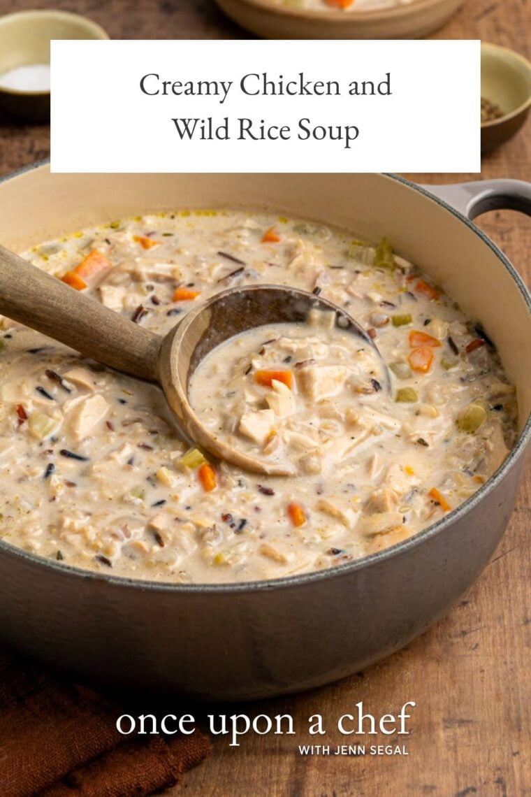 creamy chicken and wild rice soup in Dutch oven