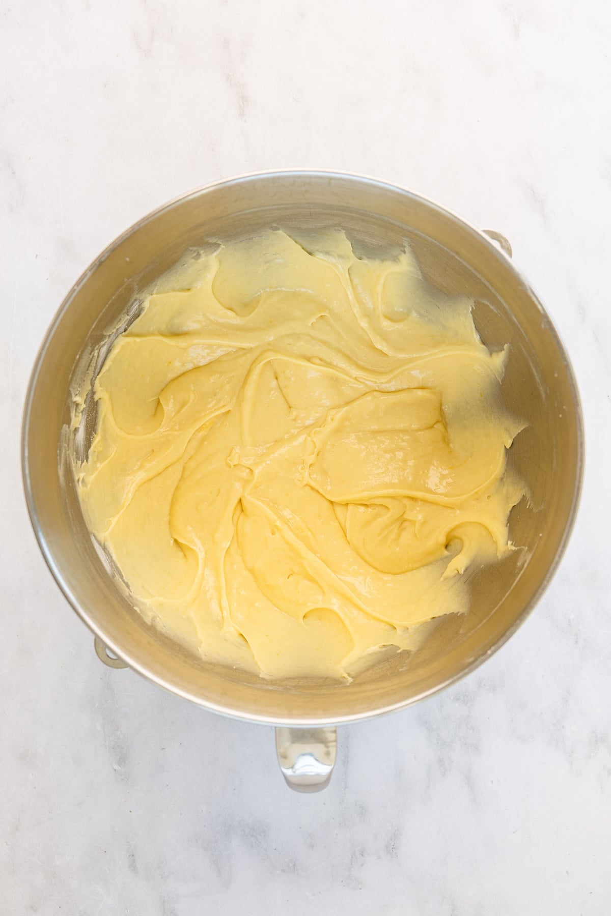 medium bowl with flour mixture incorporated into wet mixture for finished batter