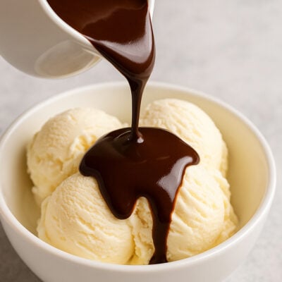 pouring chocolate sauce over ice cream
