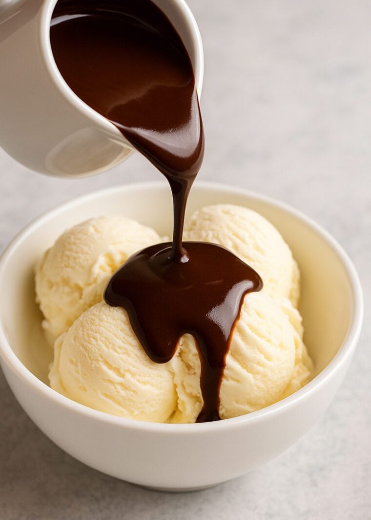 pouring chocolate sauce over ice cream
