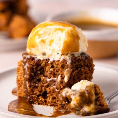 sticky toffee pudding topped with ice cream