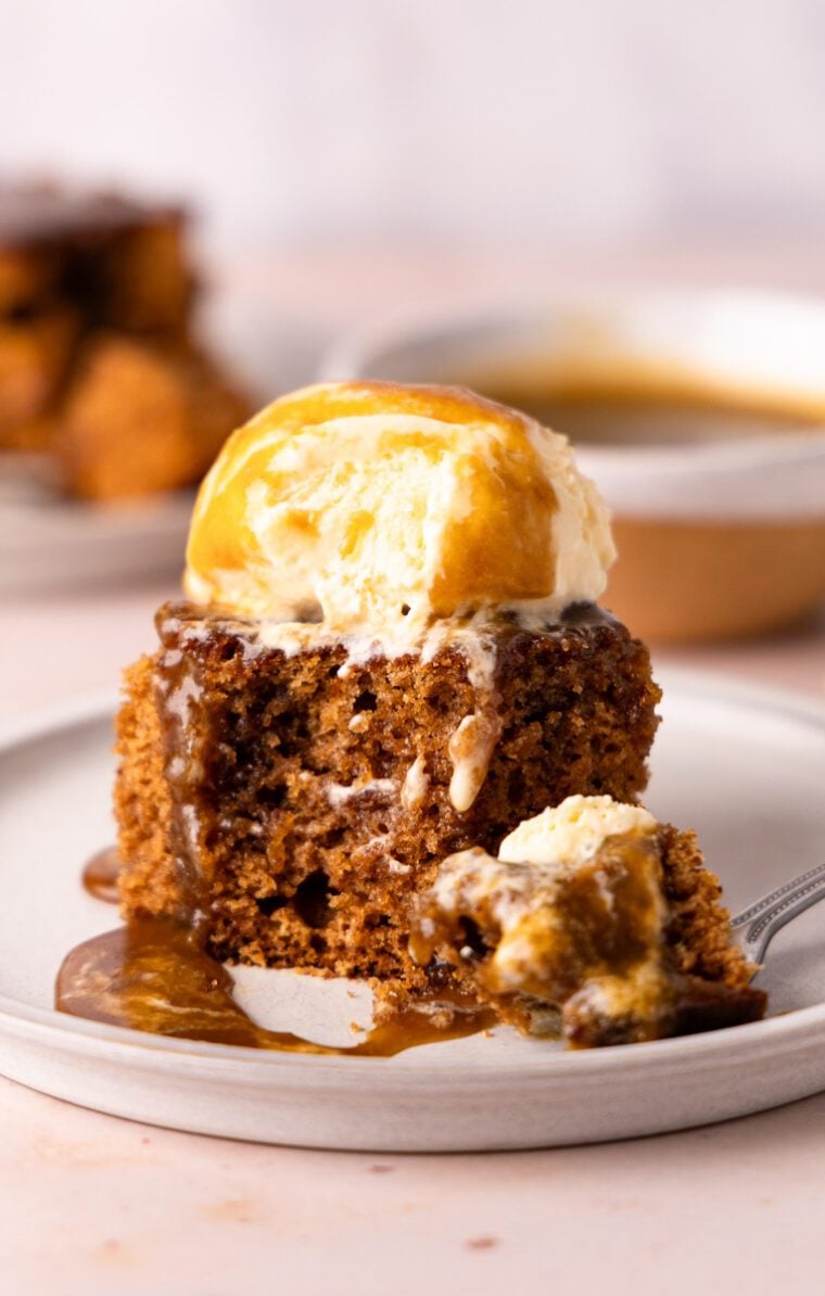 sticky toffee pudding topped with ice cream