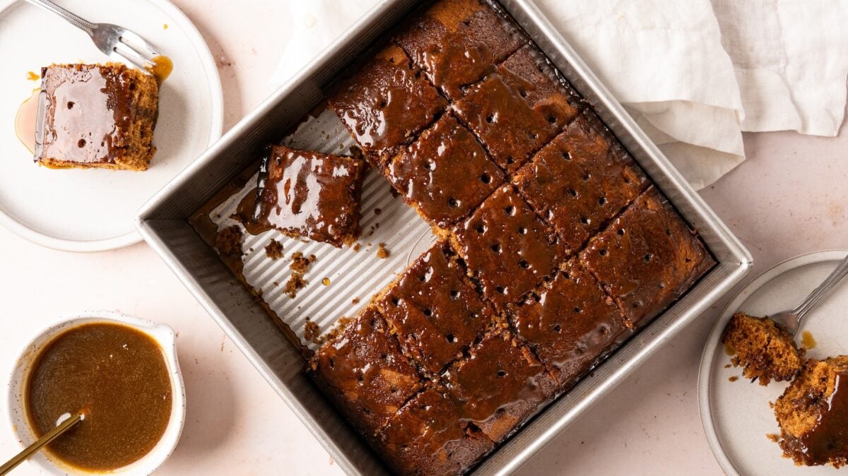 sticky toffee pudding cake with toffee sauce on the side