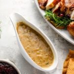 turkey gravy with platter or carved turkey and cranberry sauce