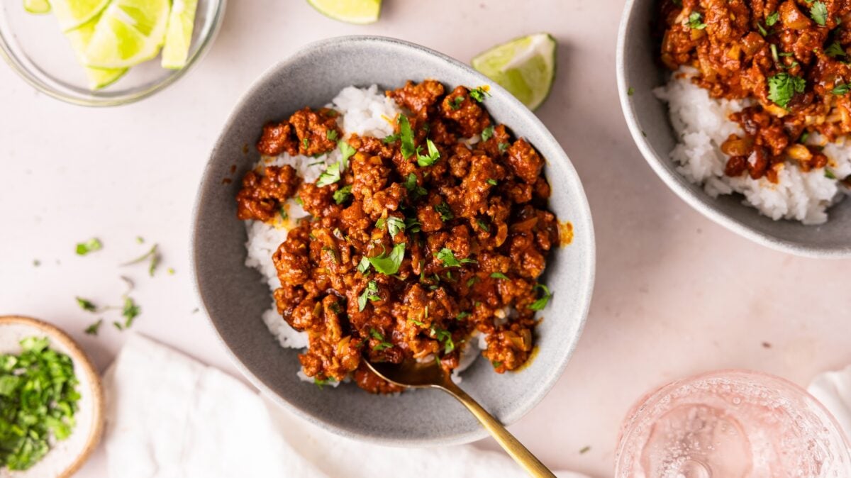 gray bowl with picadillo served over rice