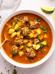 albondigas soup in a white bowl