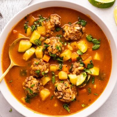 albondigas soup in a white bowl