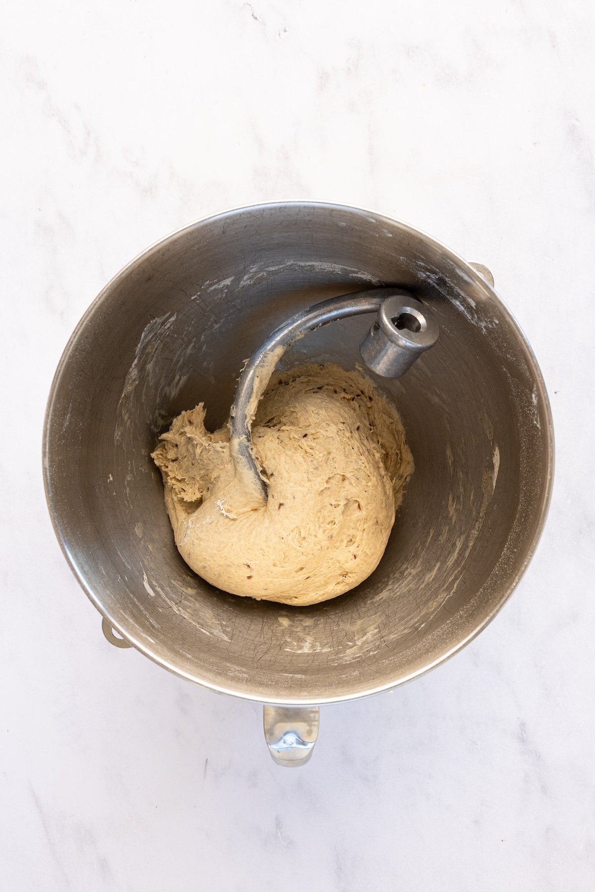 mixing bowl with kneaded rye bread dough