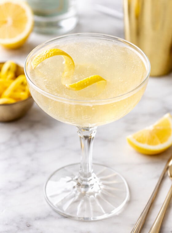 French 75 cocktail with lemon twist