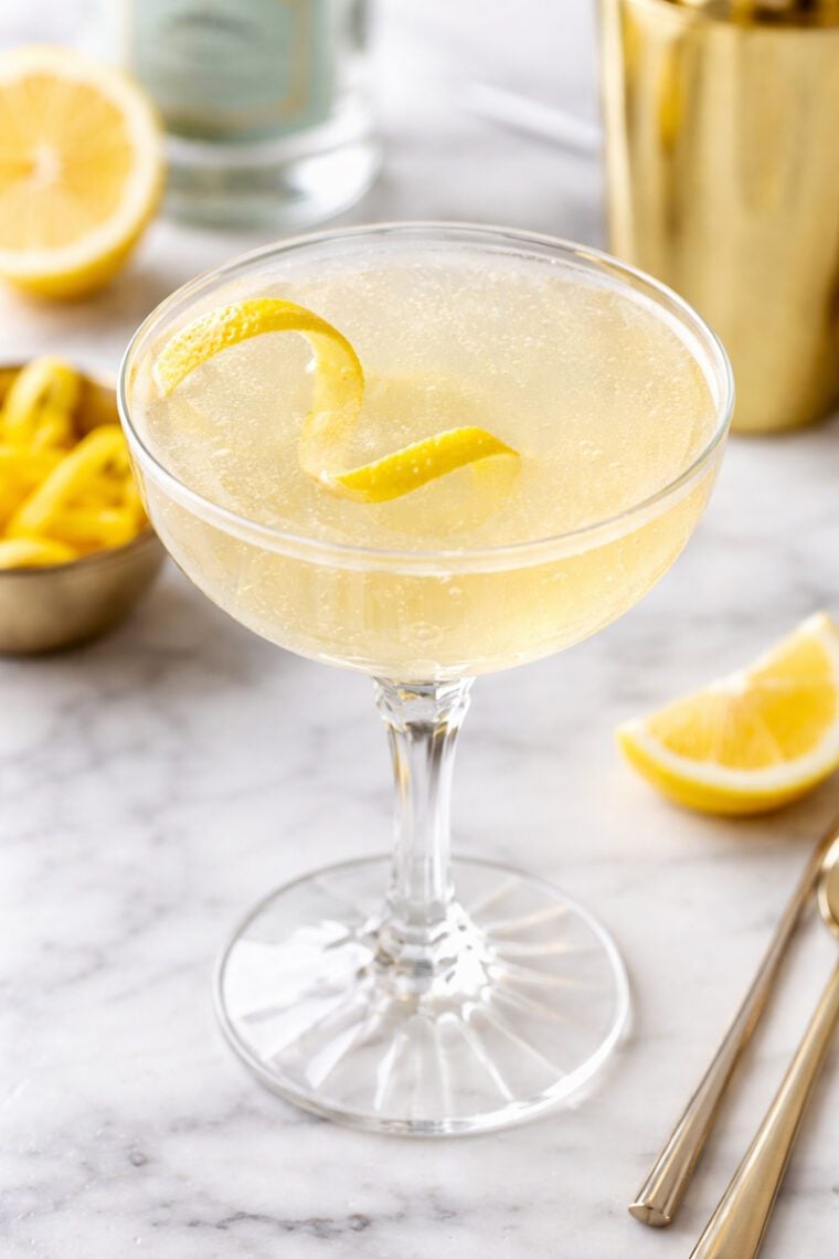French 75 cocktail with lemon twist