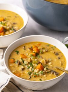 Bowls of mushroom barley soup.