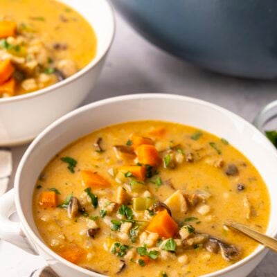 Bowls of mushroom barley soup.