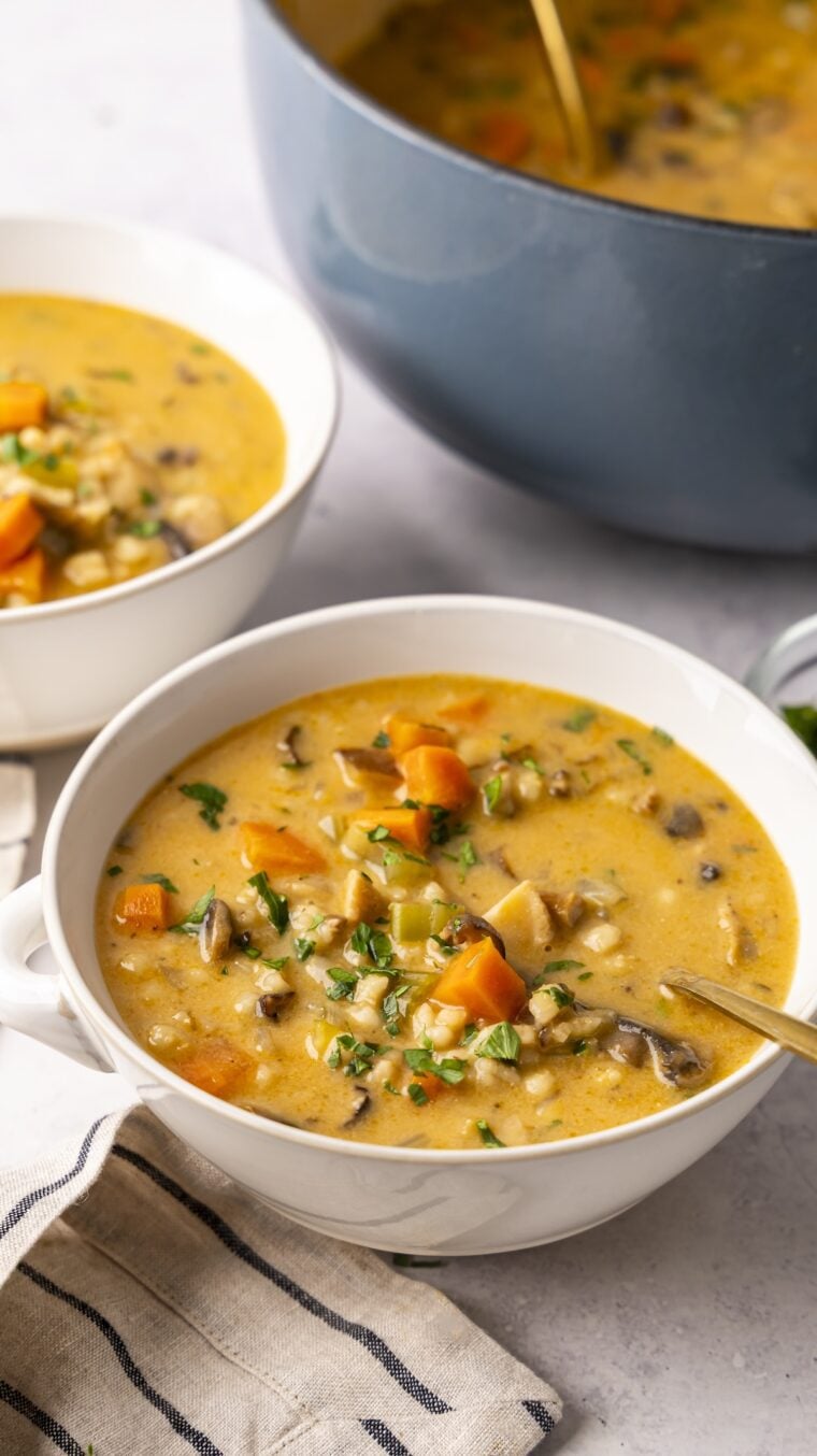 Bowls of mushroom barley soup.