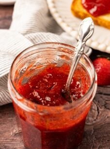 Jar of homemade strawberry jam.