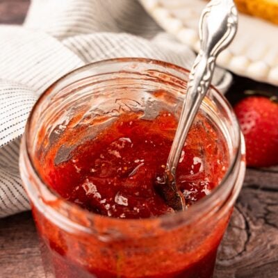 Jar of homemade strawberry jam.