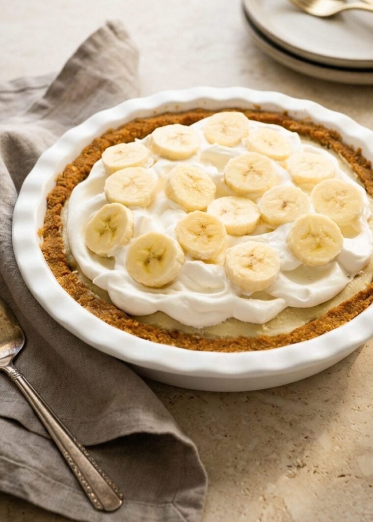 banana cream pie with a linen napkin and stack of plates