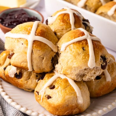 Hot Cross Buns stacked on serving platter