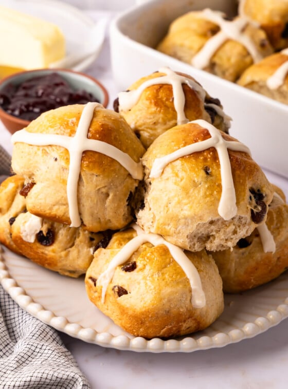Hot Cross Buns stacked on serving platter