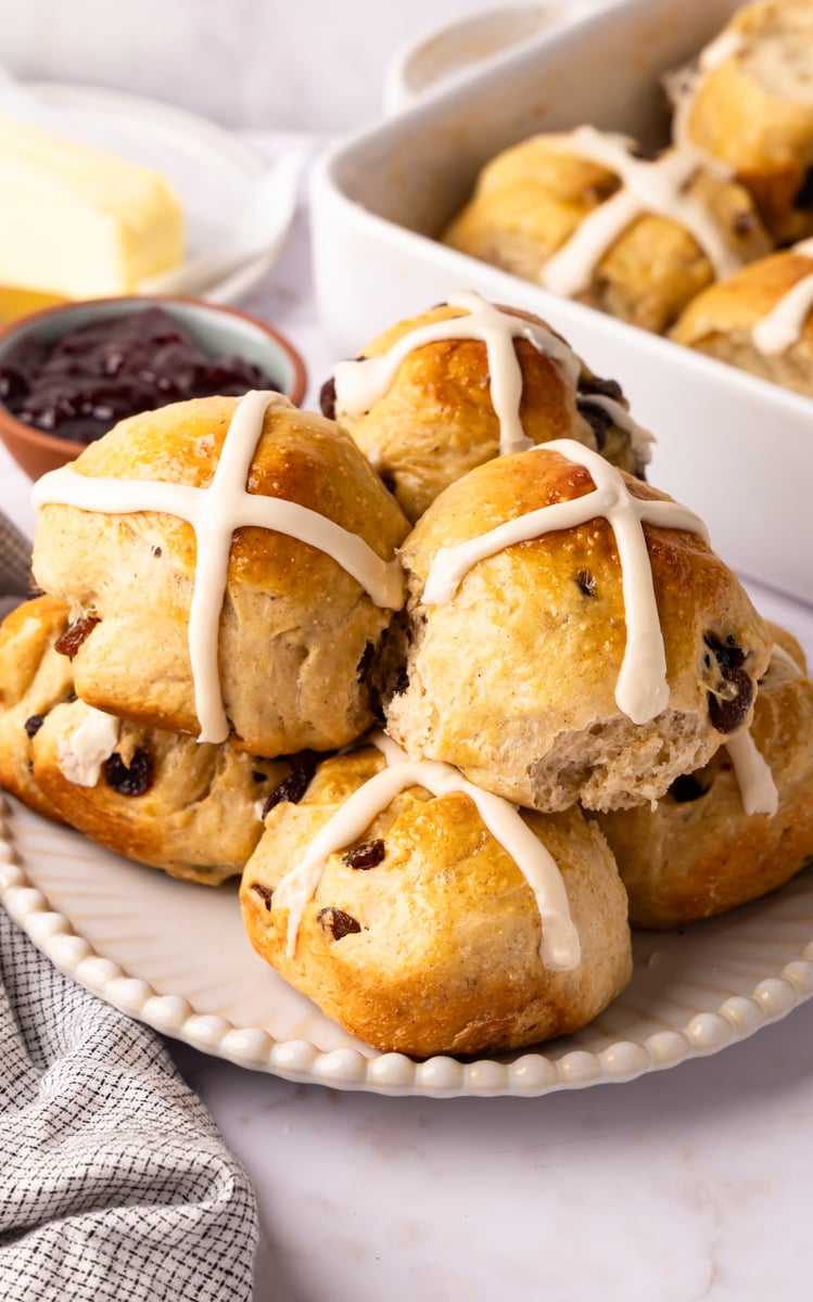 Hot Cross Buns stacked on serving platter