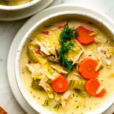 bowls of chicken and lemon orzo soup